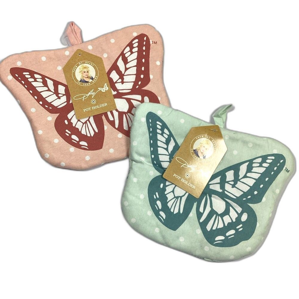 Dolly Parton Butterfly Pot Holder Lot Of Two Pink Blue Discontinued DG New